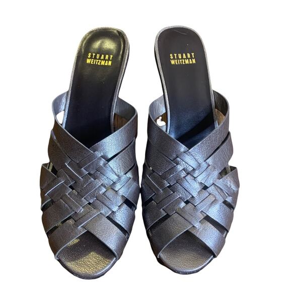 Stuart Weitzman Metallic Basket Weave Studded Mule Slide On Heel Sandal 7.5/8 - Picture 2 of 12